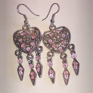 Elegant Silver Tone Pink Rhinestone Boho Heart Dangle Earrings